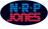The NRP Jones logo (blue and red text, black background)
